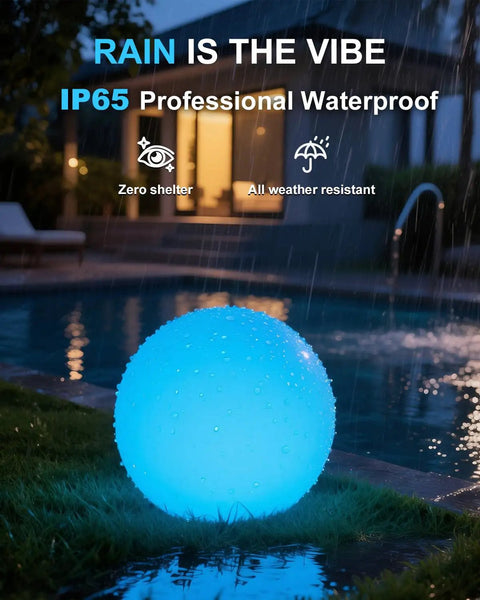 Blue Solar Ball Light 12 Inch LED Outdoor Table Lamp by pool, IP65 waterproof, in rain. Chill vibes lighting decor.