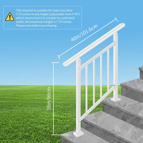 Built Tough Three Step White Metal Handrail For Outdoor Steps And Landings Featuring Solid Iron Frame with adjustable height on steps.