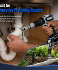Real Deal Three Piece PVC Pipe Threader Kit With Internal And External Thread Cutter For 1/2 3/4 1 Inch Plastic Pipes Drill Ready No Sweat Plumbing Tools in use for sink connections.