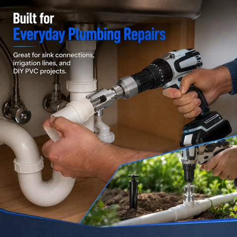 Real Deal Three Piece PVC Pipe Threader Kit With Internal And External Thread Cutter For 1/2 3/4 1 Inch Plastic Pipes Drill Ready No Sweat Plumbing Tools in use for sink connections.