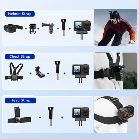 Osmo Action 4 Waterproof Action Camera Bundle with helmet, chest, and head straps for hands-free 4K recording in adventures.