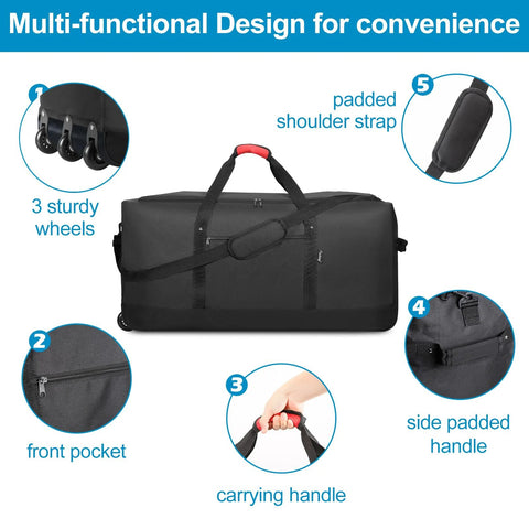 Finnhomy 120L foldable rolling duffel bag, black with three wheels and padded shoulder strap