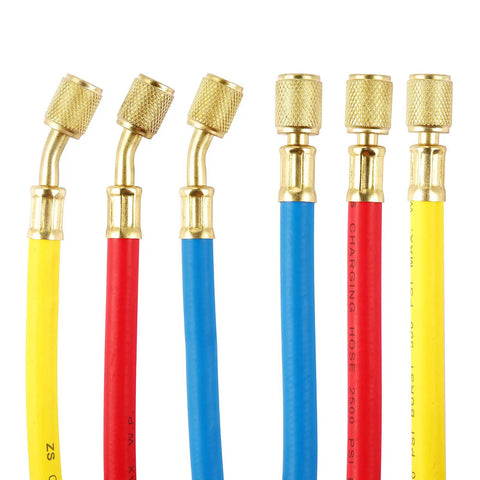 3 Piece AC Manifold Gauge Hose Kit For R134A R404A R12 R502 With One Quarter Inch Threads, Five Feet Charging Hoses