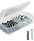 Drywall Anchors And Screws Kit With Drill Bit For Hanging Frames Shelves And Mirrors, 100 Anchors And 100 Screws, Plastic Ribbed Wall Anchors