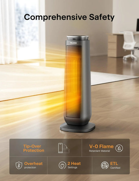 Ceramic Tower Space Heater 1500W With Oscillation Remote Control Programmable Thermostat 8 Hour Timer Eco Mode Gray in room