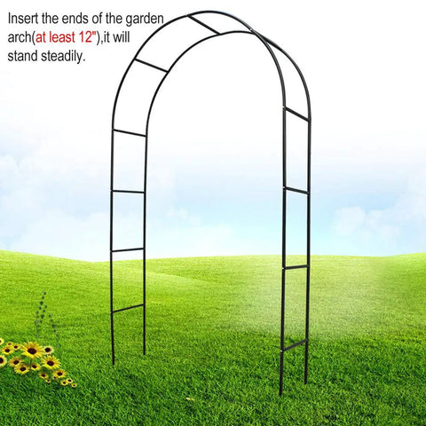 Metal Garden Arbor Wedding Arch Black, Adjustable Two Size Options Pergola Style For Climbing Roses And Vines displayed outdoors