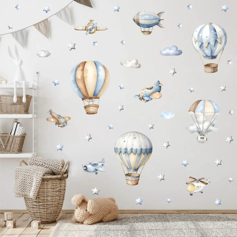 Watercolor Hot Air Balloon Wall Stickers Set With Airplane And Cloud Vinyl Decals Removable DIY Wall Art For Kid Rooms 46 Pieces