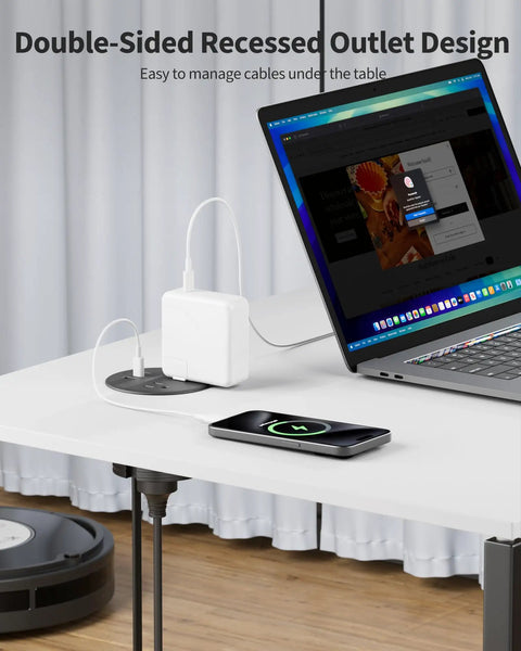 Dual Sided Desk Grommet Power Strip With Four AC Outlets And Three USB Ports Including Two Type C Connectors creating a clean workspace upgrade with a recessed outlet design.