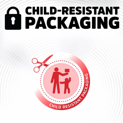 Child-resistant packaging design with scissors illustration, emphasizing safety for kids, relevant to Top Shelf Heavy Duty 3V Lithium Coin Batteries 2 Pack.