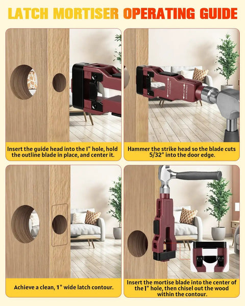 Latch Mortiser operating guide demonstrating use of Shop Tough All In One Door Hinge Jig And Router Template Kit for precise latch cutting.