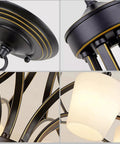 Close-up of six light large chandelier with alabaster glass shades in oil rubbed bronze finish, adjustable ceiling fixture details.