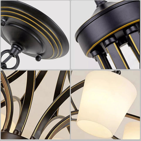 Close-up of six light large chandelier with alabaster glass shades in oil rubbed bronze finish, adjustable ceiling fixture details.