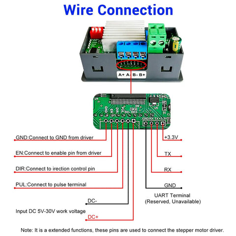 Integrated Stepper Motor Driver Controller For NEMA 17 23 Size Motors wiring diagram with terminal labels and connections.