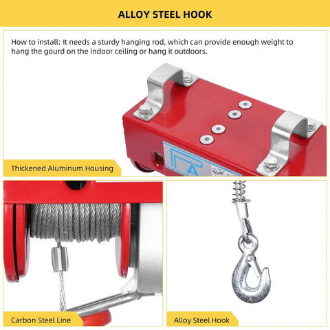 Detailed view of Heavy Duty Hoist With Wireless Remote 440 Lb Lift 110V Electric Winch, showcasing alloy steel hook and cable.