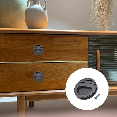 Zinc Alloy Flush Ring Pull Handle 43.5mm 1.71 Inch With Screws Black Versatile Flush Pull installed on wooden cabinet drawer