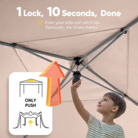 Child setting up Privacy 10x10 Pop Up Canopy Tent With Sidewalls And Roll Up Ventilated Windows No Fuss One Person Setup