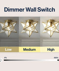 12 Inch Moravian Star LED Flush Mount Ceiling Light Geometric Iron Lantern with dimmer settings displayed in low, medium, high