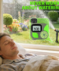 Smart Sprinkler Timer For Garden Hose With Rain Delay And Manual Mode displayed indoors with garden view, easy LCD display