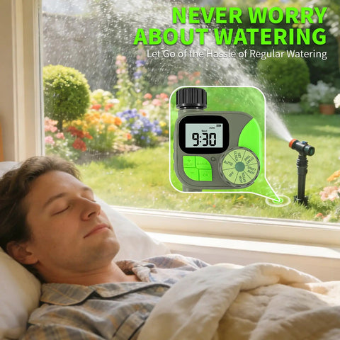 Smart Sprinkler Timer For Garden Hose With Rain Delay And Manual Mode displayed indoors with garden view, easy LCD display