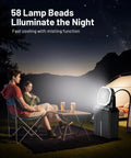 Couple camping with Beast Battery Rechargeable Misting Fan For Weekend Camping And Outdoors with LED lights active at night.