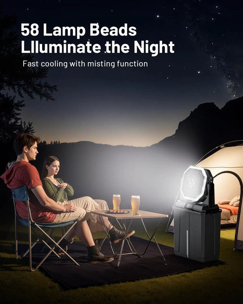 Couple camping with Beast Battery Rechargeable Misting Fan For Weekend Camping And Outdoors with LED lights active at night.