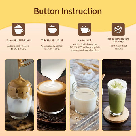 Button instruction for 4 In 1 Electric Milk Frother And Warmer With Large 10oz Capacity Delivers Dense Hot Foam Or Light Foam Heats Milk Or Froths Cold Milk For Lattes Cappuccinos Macchiatos And Hot Chocolate With One Button showing different frothing options.