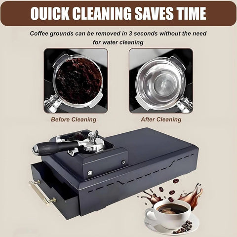 Heavy Duty Electric Espresso Knock Box With Automatic Puck Extractor delivers quick cleaning with coffee grounds before and after removal.
