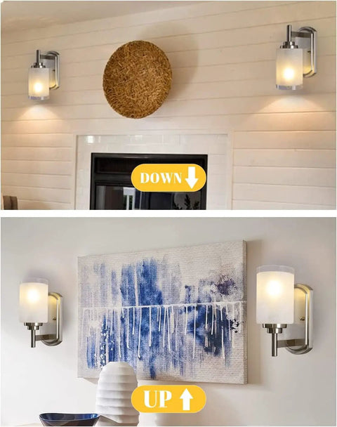 Two Pack Modern Sconces Wall Lighting Brushed Nickel Vanity Fixtures With Frosted Glass Shades For Porch Bedroom Hallway Sleek Durable Metal Bathroom Vanity Lights Soft Glow displayed in interiors.