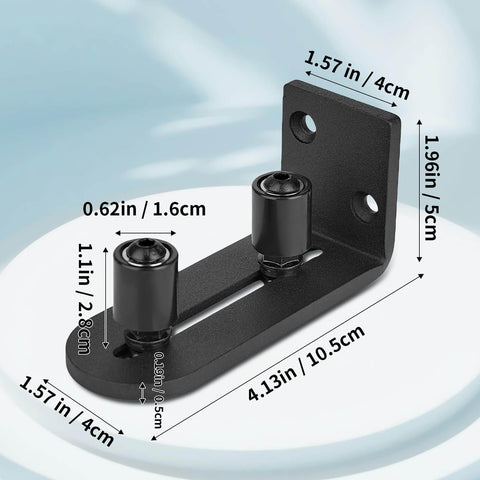 Close-up of black wall-mounted solid steel hardware with dimensions for Beefed Up Barn Door Hardware Kit With Floor Guide And Adjustable Rollers For Whisper Quiet Sliding, No Groove Needed For Any Door, Flush Flat Bottom And Rounded Toe Design, Wall Mounted Solid Steel With Black Powder Coat.
