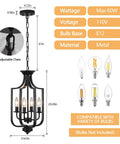 10.63 Inch Black Farmhouse Chandelier With Four Lights Modern Industrial Lantern Pendant, dimensions and bulb compatibility shown.