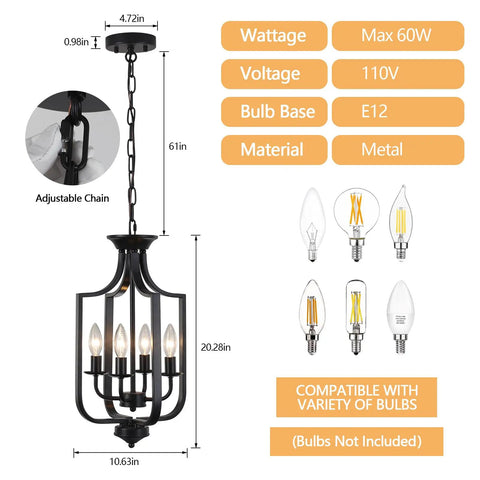 10.63 Inch Black Farmhouse Chandelier With Four Lights Modern Industrial Lantern Pendant, dimensions and bulb compatibility shown.