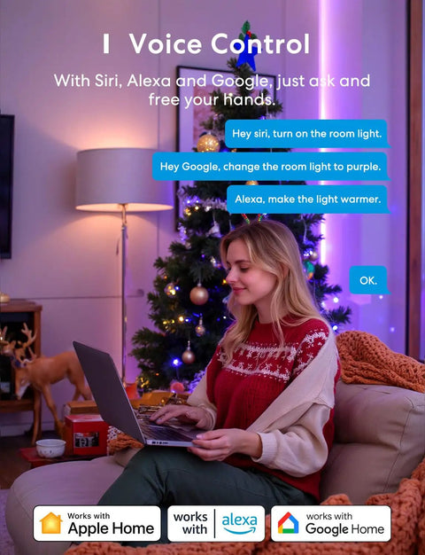 Woman using laptop to control Smart RGBWW WiFi LED Bulbs with voice commands for Alexa and Google in a cozy room.