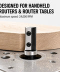 Heavy Duty Flush Trim Router Bit With Quarter Inch Shank And Five Eighths Inch Cut Diameter Featuring Dual Reversible Carbide Inserts in use on a router table.