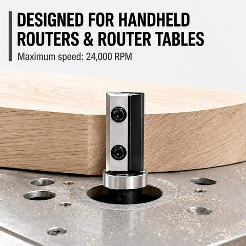 Heavy Duty Flush Trim Router Bit With Quarter Inch Shank And Five Eighths Inch Cut Diameter Featuring Dual Reversible Carbide Inserts in use on a router table.