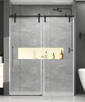 60 Inch Wide Frameless Sliding Shower Door With Sealing Strips And Waterproof Handle 5/16 Inch 8mm Clear Tempered Glass Black Stainless Steel Hardware 76 Inch High Reversible Left Or Right Opening installed in a modern bathroom.