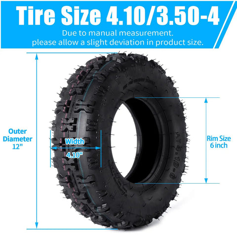 Heavy Duty 4.10/3.50-6 Tire And Inner Tube Set dimensions for lawn mowers, wheelbarrows, go karts, ATVs, 6 inch rim size