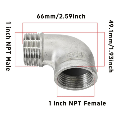 90 Degree Street Elbow 1 Inch NPT Male To Female Stainless Steel 304 Pipe Fittings, side view showing dimensions.