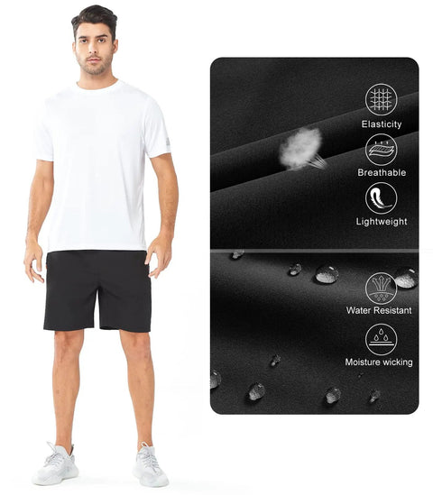Model wearing Mens Quick Dry Running Shorts With Lightweight Breathable Fabric 4 Way Stretch Zip Pockets And Moisture Wicking Comfort