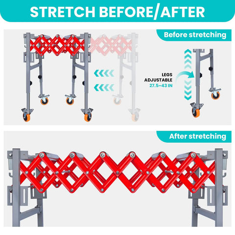 Heavy Duty Adjustable Conveyor Roller Table With 2 Hooks Supports Up to 600 Lbs, showing height adjustment from 27.5 to 43 inches.