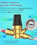 Solid Brass RV Water Pressure Regulator With Built In Gauge And Adjustable Valve showing inlet, outlet, and adjustment knob for steady flow.
