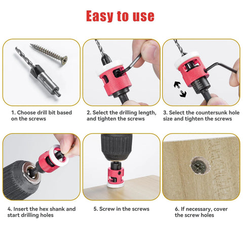 5-Piece red HSS M2 countersink drill bit set with low-friction depth stops and hex shanks