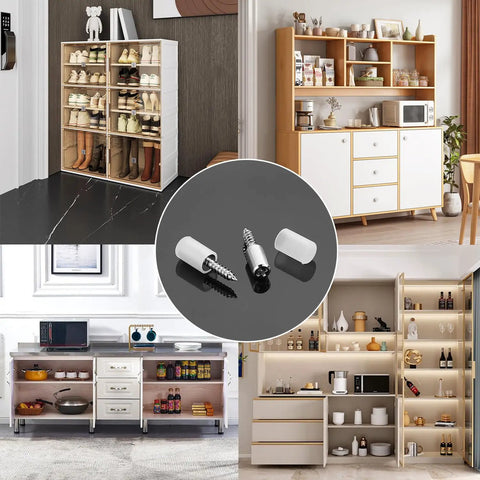 50 Pack Cabinet Shelf Pegs With Grip Tight Sleeve, Rock Solid Self Tapping Screw Holders displayed with furniture setups, showcasing uses in kitchens and storage.
