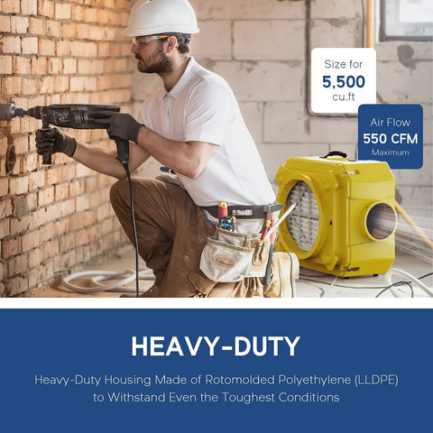 Worker using drill near Powerful Beefed Up Three Stage Air Scrubber With MERV 10 Filter And Activated Carbon And HEPA Cleaner