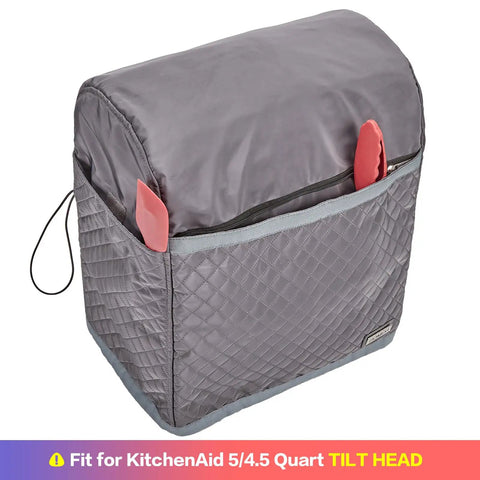 Quilted Dust Cover With Handy Pockets For Stand Mixer 4.5 To 5 Qt Tilt Head Grey with utensils in side pocket