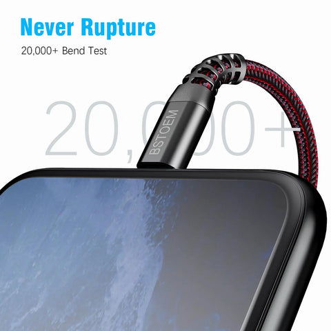 Two Pack 10 Ft iPhone Charger Cables Lightning USB Charging Wires Long For iPhone 14 13 12 11 Pro Max XR XS X 8 Plus 7 6 5 SE And iPad Air Mini Pad Pro MFi Certified Fast Charging No Tangle Durable Cord, braided cable close-up on iPhone