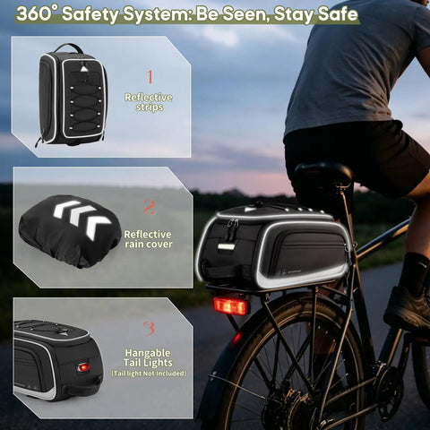Cyclist using Expandable Waterproof Bike Trunk Bag 15L To 23L For Rear Rack 4 In 1 Pannier with reflective strips and rain cover