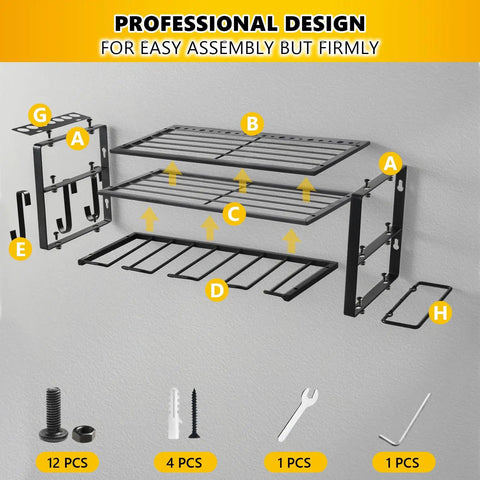 Wall Mount Tool Organizer Rack With Four Cordless Drill Holders Three Layer Garage Storage Shelf Heavy Duty Iron Matte Black Keeps Your Shop Clean And Ready 150 Lb Load Capacity disassembled view