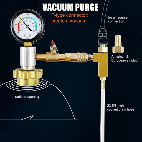 Pro Grade Automotive Radiator Coolant Vacuum Refill Tool Kit featuring brass vacuum gauge and 23-5/8-inch drain hose.