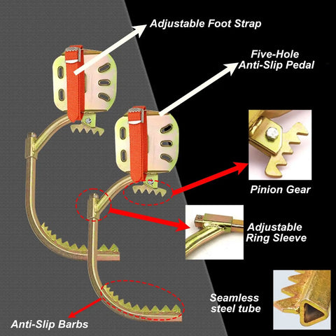 Tree Climbing Gear Set With Electrician Foot Buckle And 352lb Load Capacity showing anti-slip barbs and adjustable foot strap.