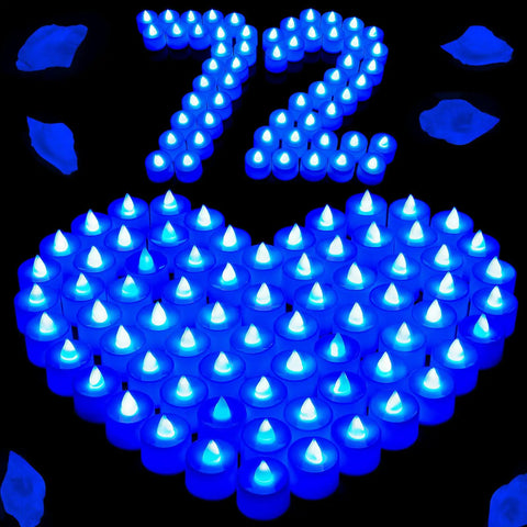 72 Pack Blue Flameless LED Tea Light Candles Battery Operated For Wedding Table Decor Romantic Nights Anniversary Honeymoon Mood Lighting Perfect For Weddings And Parties Safe Flame Free Glow arranged in heart shape with 72 number